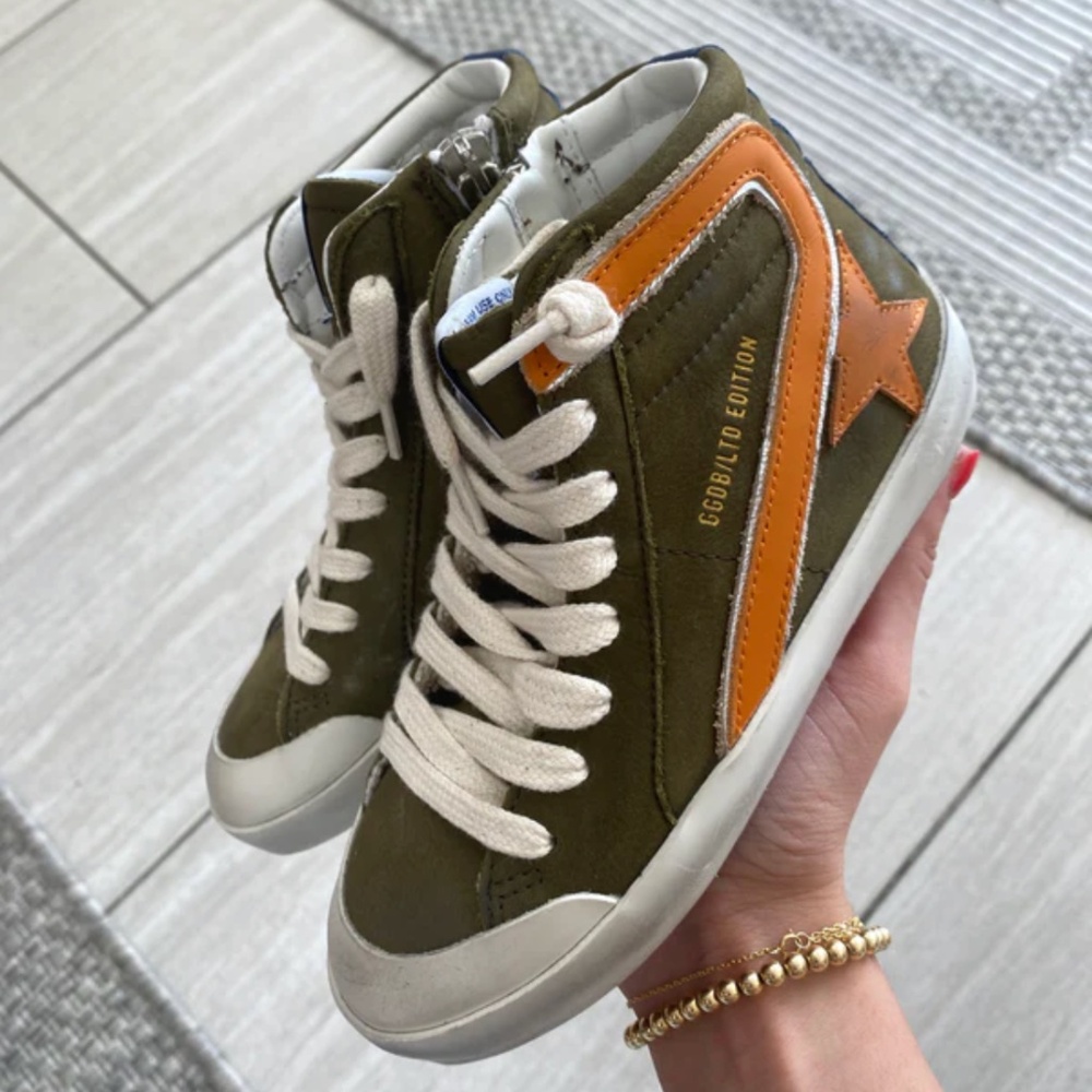 Golden Goose x Bonpoint Kids Slide Sneakers Khaki Green/Orange sz 29 New in Box